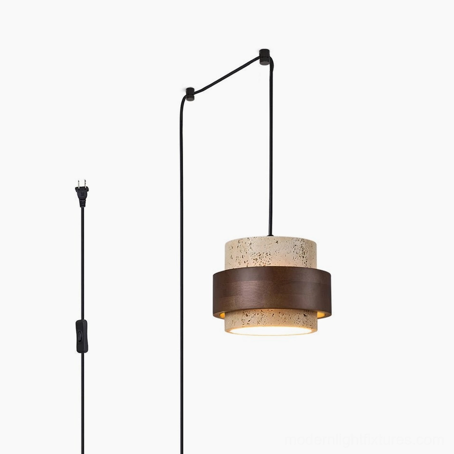 Travertine pendant light with walnut wood accent available in multiple plug options US UK EU AU