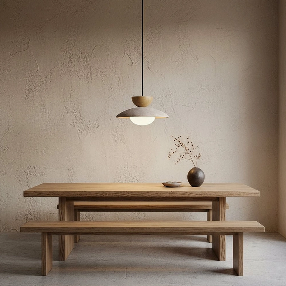 Warm Tia travertine pendant light glowing above Japanese-style wooden dining table and bench