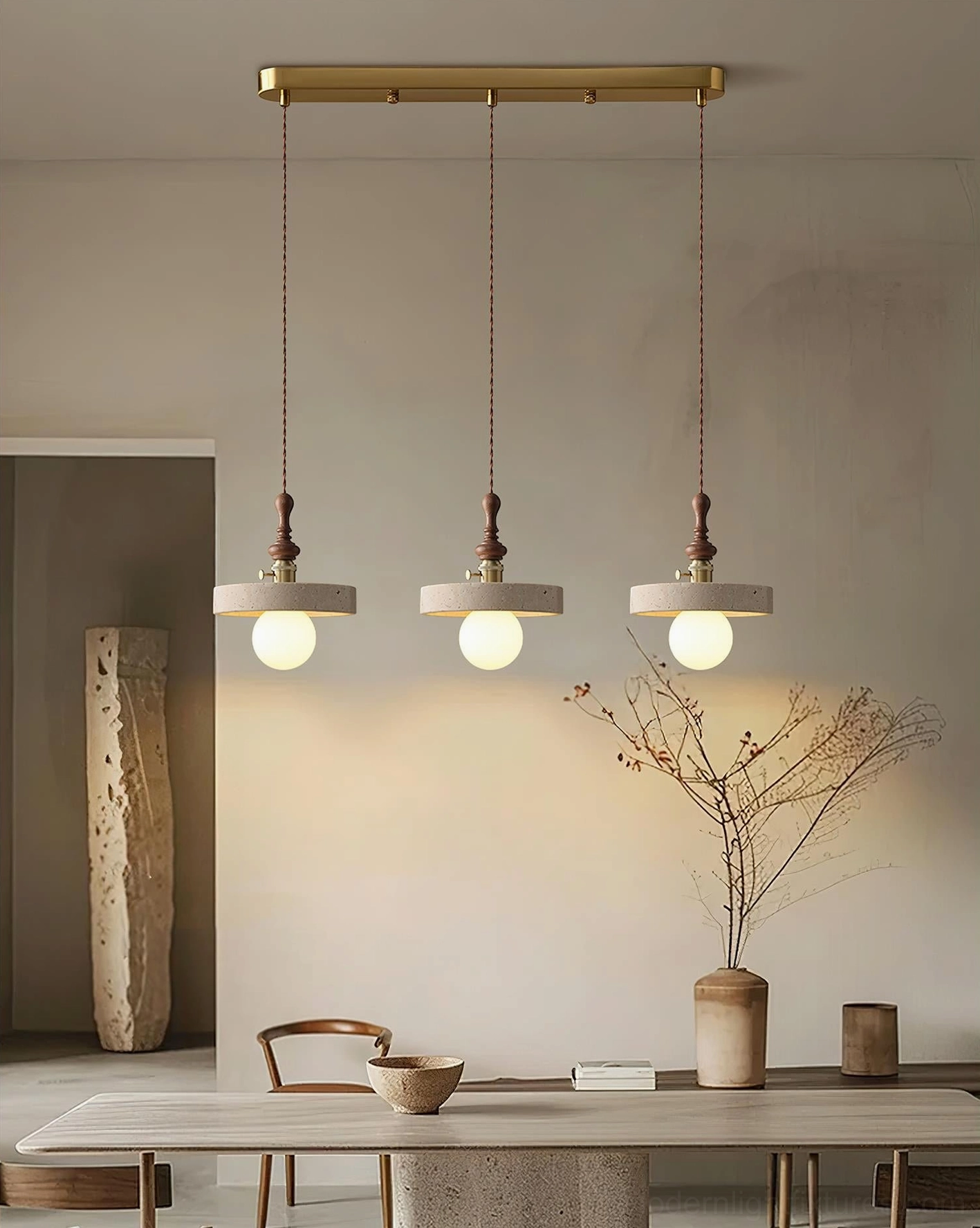 Travertine pendant light installation in Japandi wabi-sabi interior design style