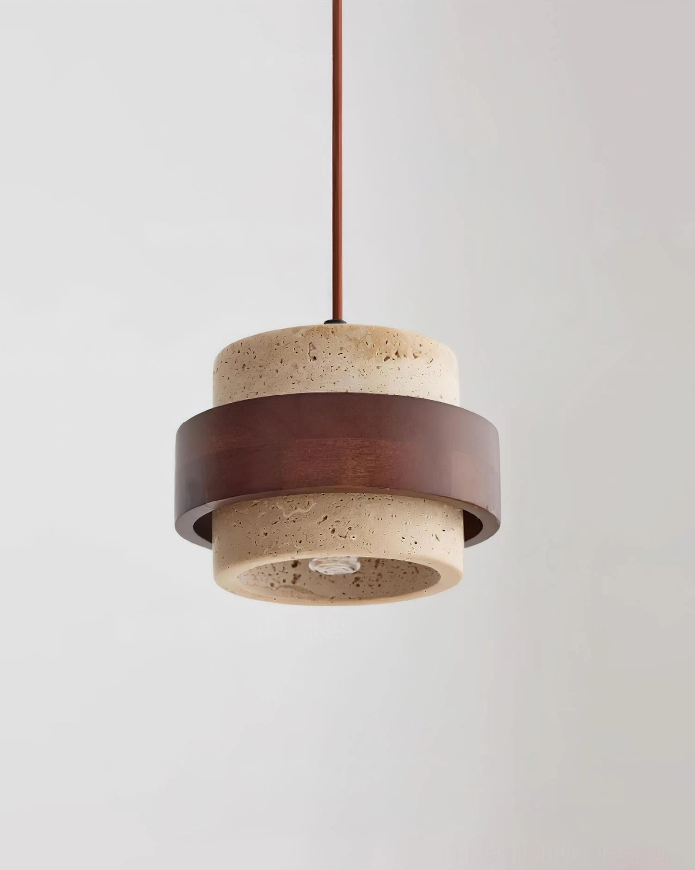 Natural travertine pendant light over kitchen island counter, task and ambient lighting combination installation