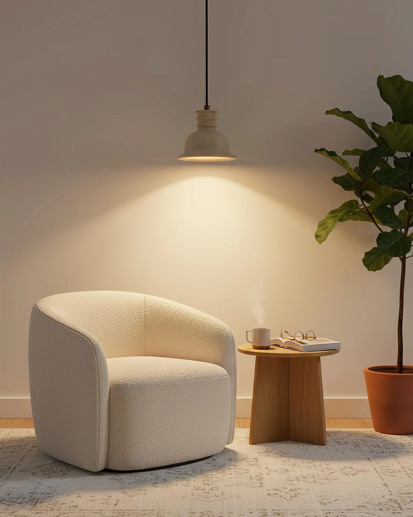 Single travertine pendant lamp at eye-level in modern living room lounge corner creating warm ambient downlighting atmosphere