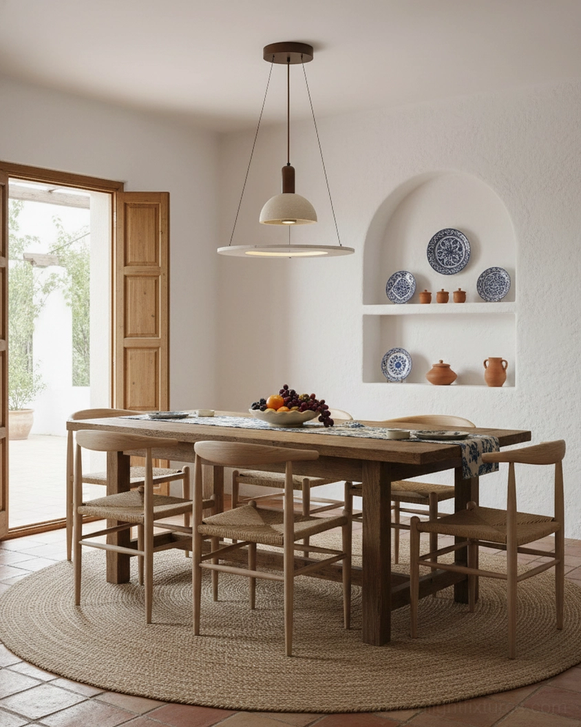Travertine pendant light in Mediterranean rustic dining room with ceramic wall decor