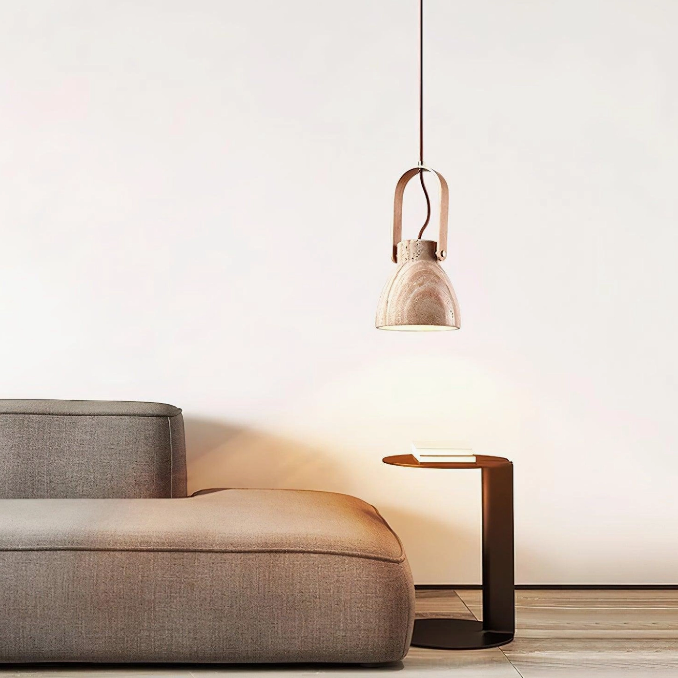 Nissa travertine pendant light demonstrating Mediterranean and Tuscan design aesthetic