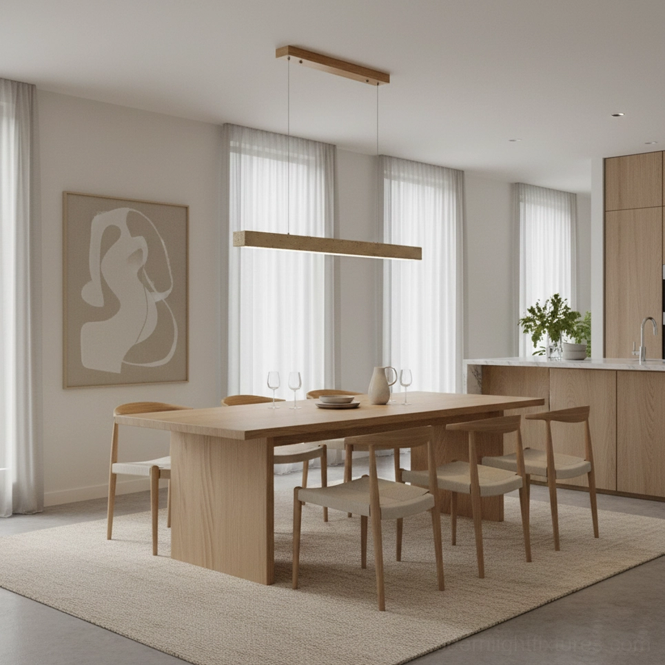 Travertine linear pendant chandelier minimalist dining room wooden furniture decor