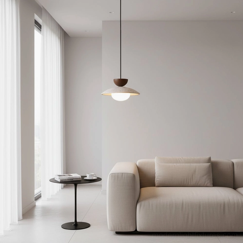 Tia travertine pendant lamp in minimalist modern living room with neutral interior design