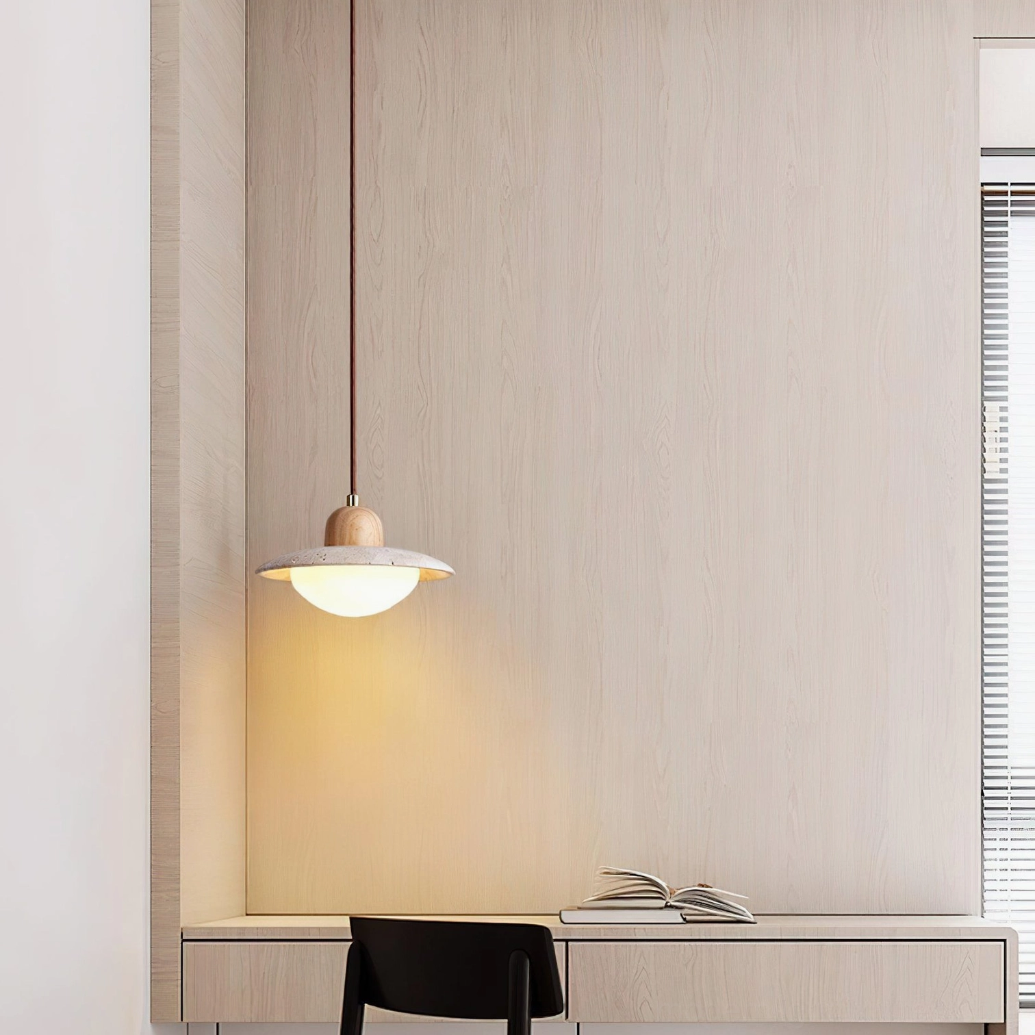 Travertine UFO pendant light warm beige background minimalist japandi