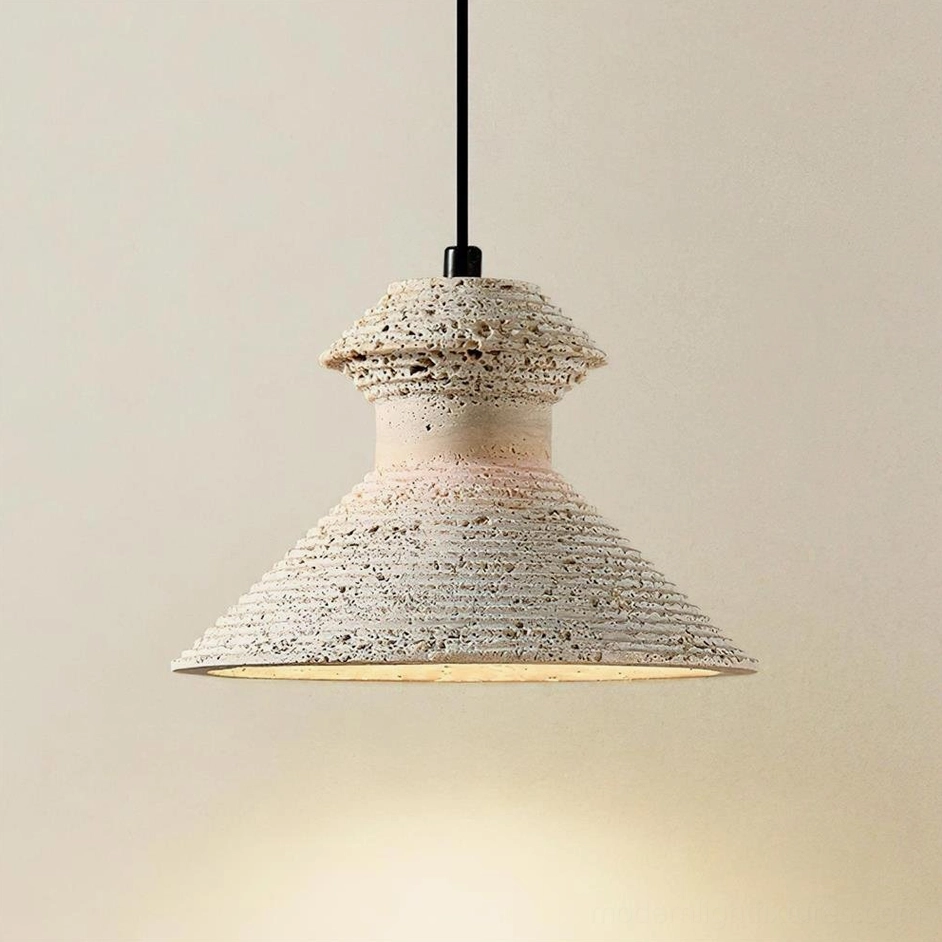 Travertine pendant light model A demonstrating sculptural form and natural stone craftsmanship detail