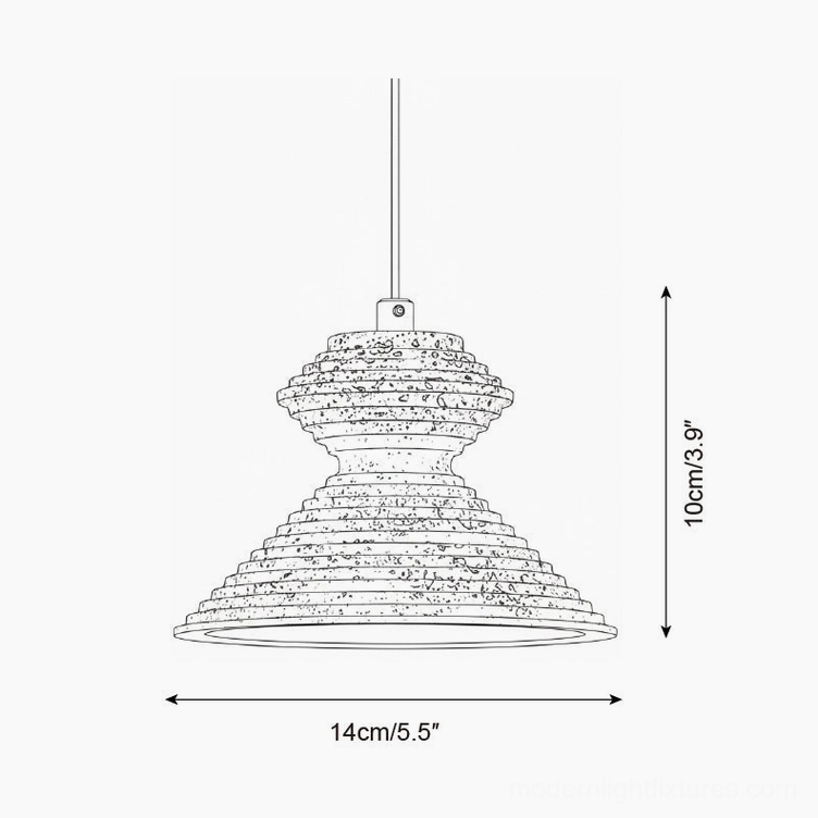 Technical dimension drawing of travertine pendant light model B showing orthographic front view with measurements
