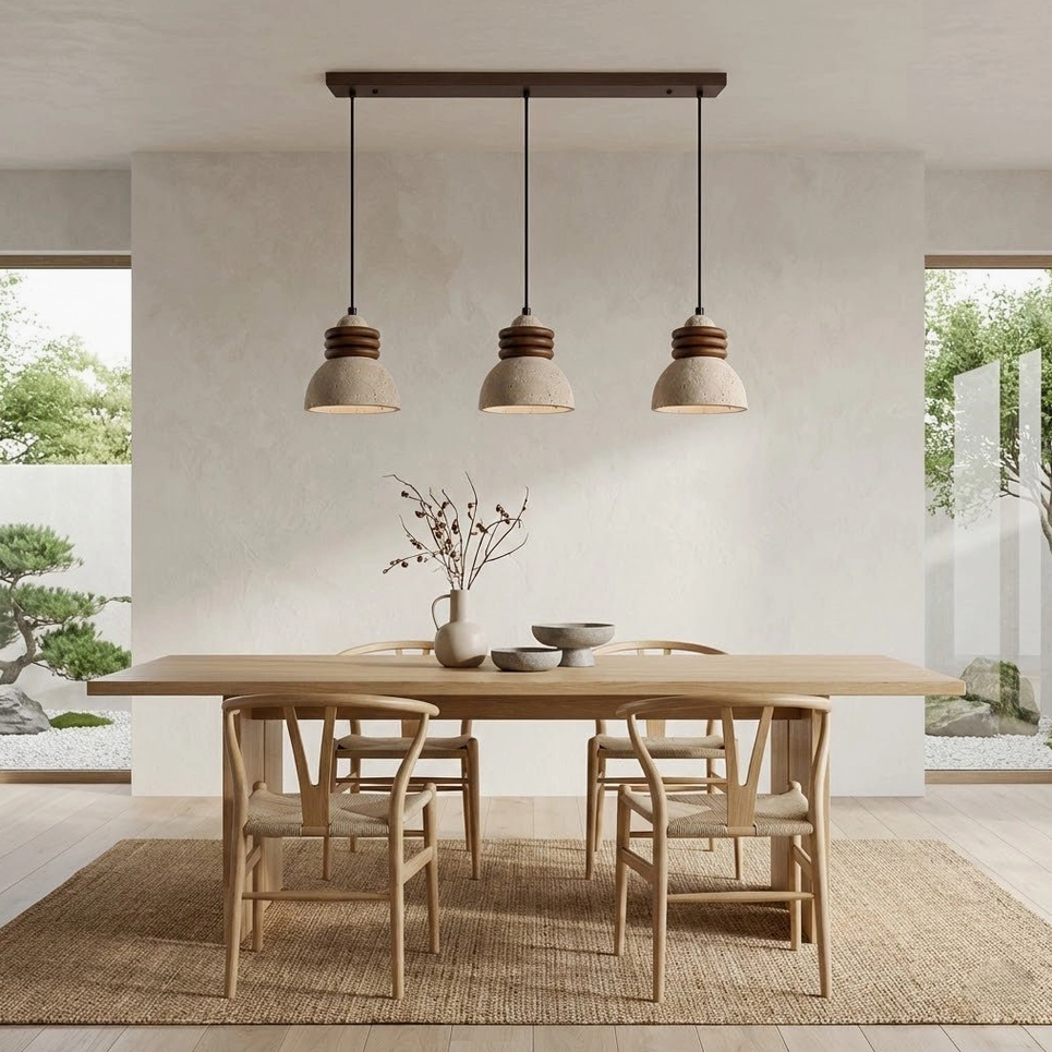 Travertine stone pendant light with walnut wood frame and natural warm glow in contemporary home setting