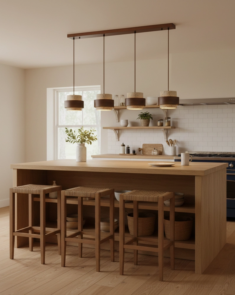 Travertine pendant light architectural installation in modern home interior, ambient room lighting demonstration