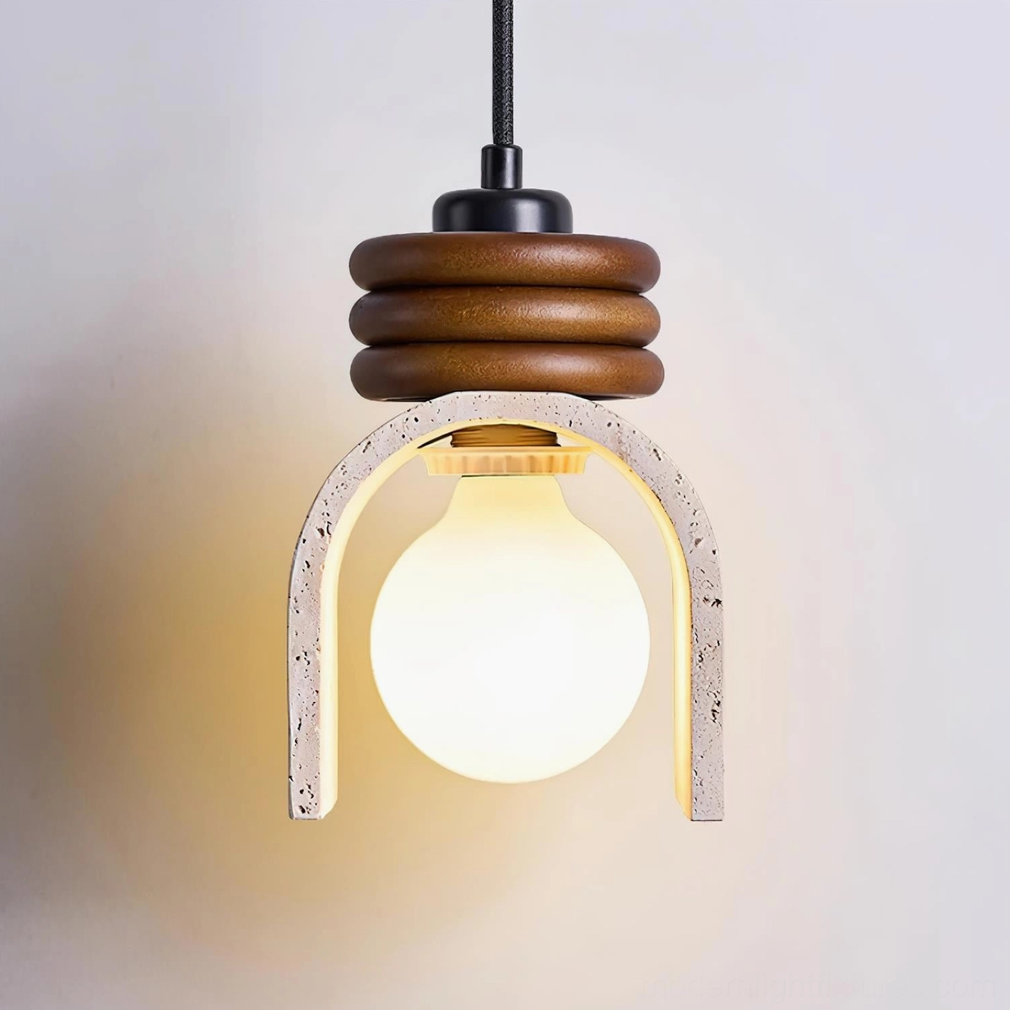Travertine pendant lighting solution for modern minimalist and wabi-sabi inspired interiors, natural stone hanging lamp creating warm ambient glow in contemporary home design