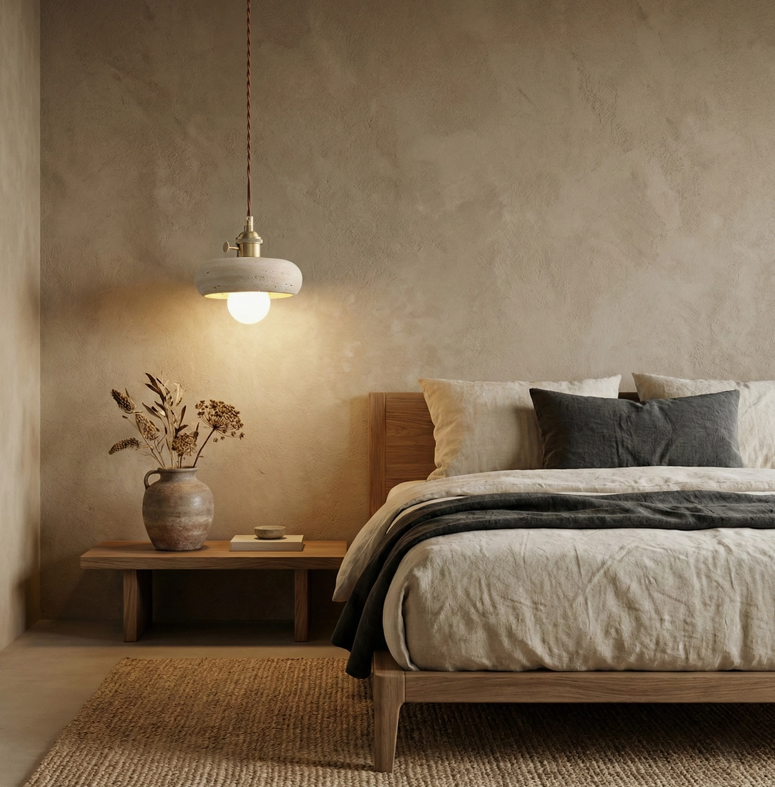 Travertine pendant light cluster arrangement with geometric sculptural forms