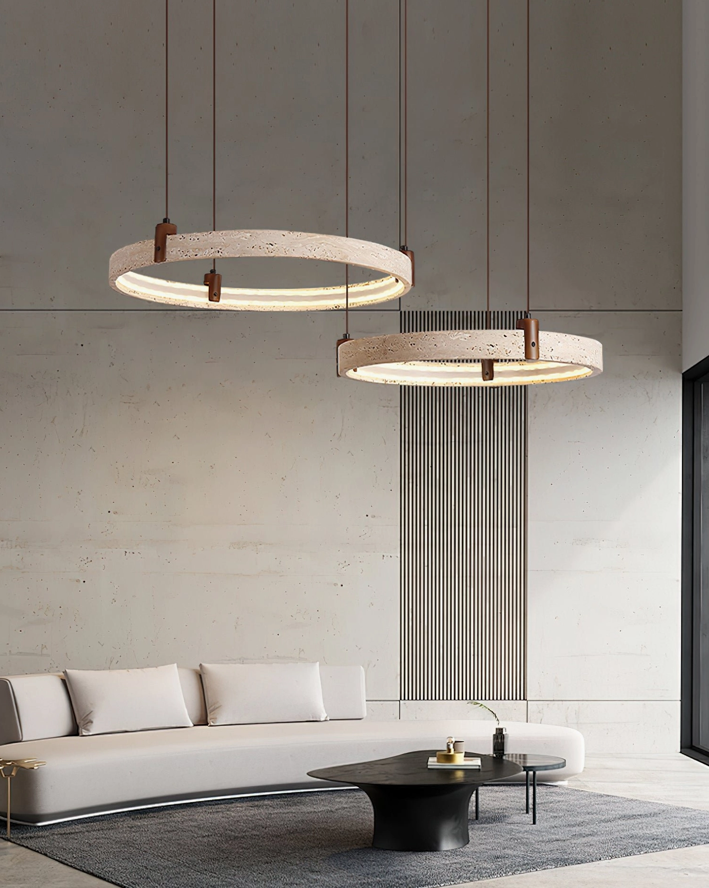 Eclora travertine ring pendant light showing natural stone porous surface