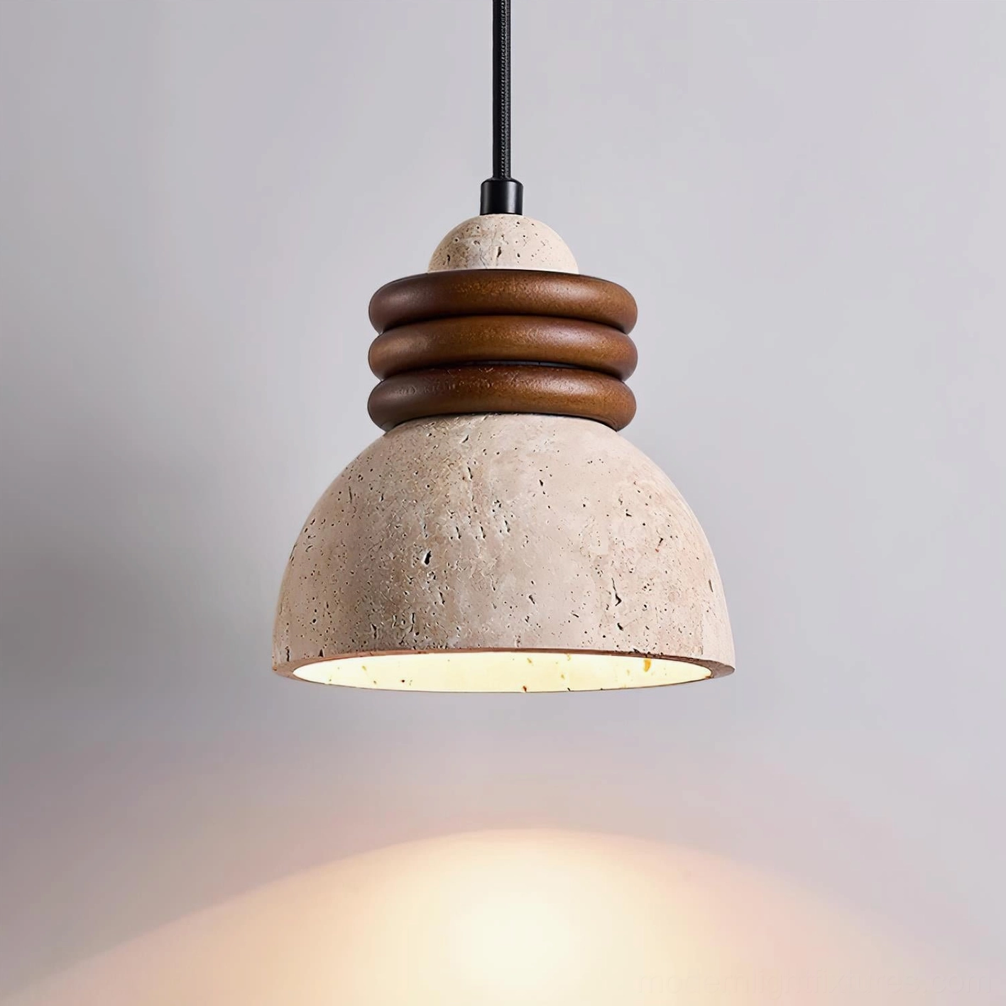 Travertine pendant light showing natural stone authenticity with organic surface texture and porous character
