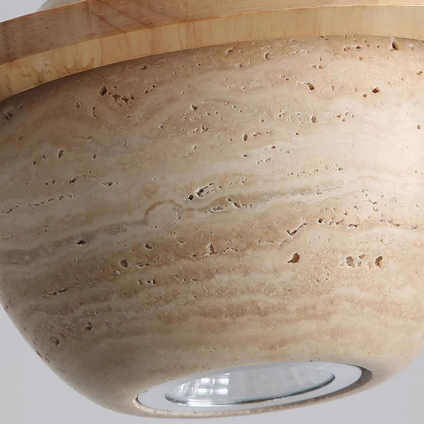 Travertine sphere pendant light close-up showing authentic natural stone surface characteristics and authentic craftsmanship