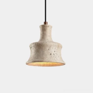 Travertine pendant light close-up showing natural stone pores and beige color