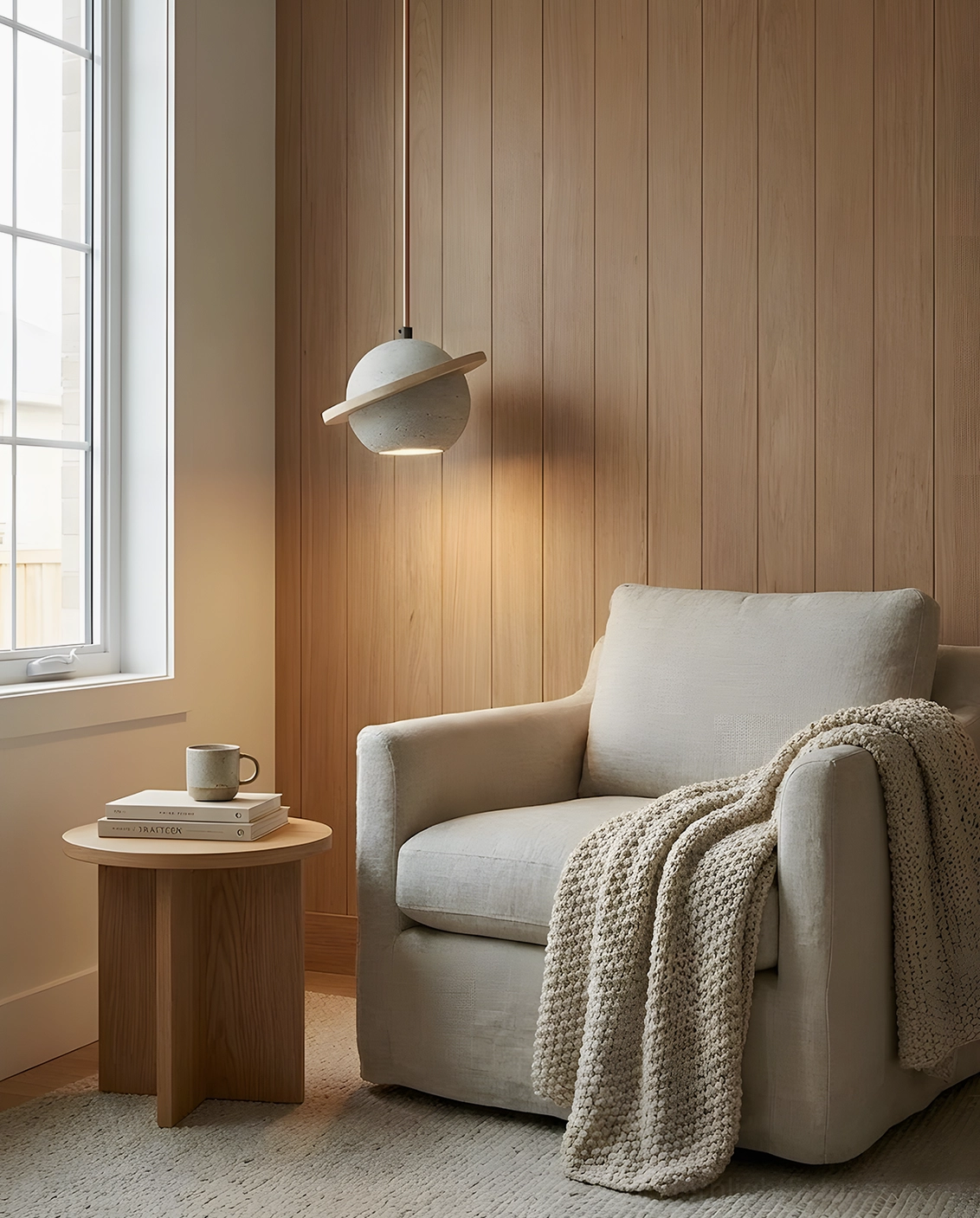Travertine pendant light showing authentic natural stone characteristics, variations and texture of genuine travertine material