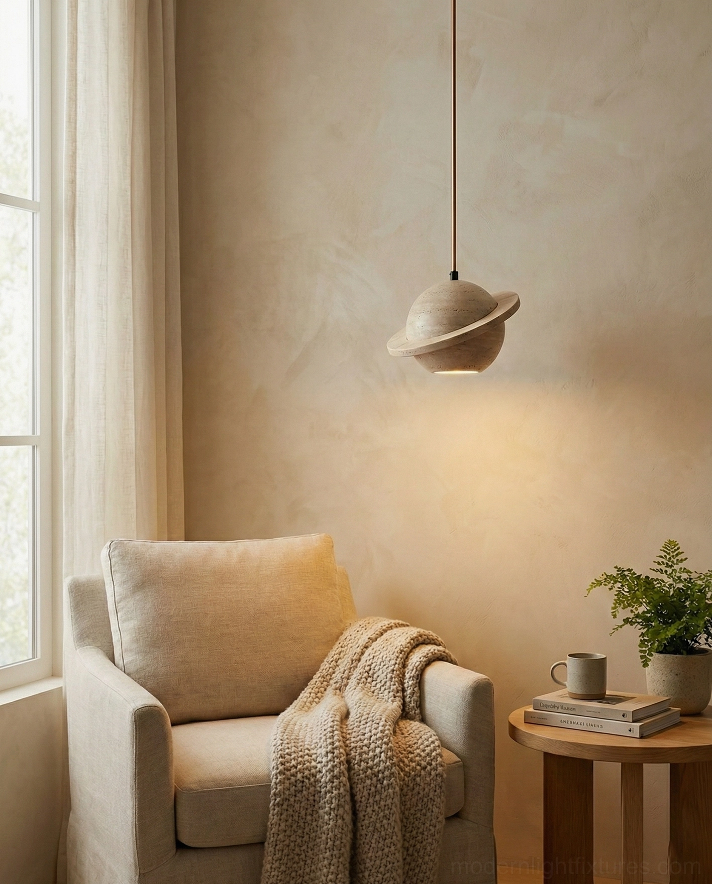 Low-angle side profile of travertine pendant light above cozy reading nook, intimate warm home ambiance