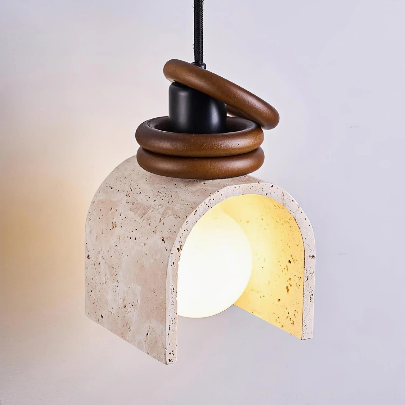 Travertine arched pendant light fixture ready for installation, showing complete assembly with E26/E27 socket compatibility and adjustable 150cm wire length