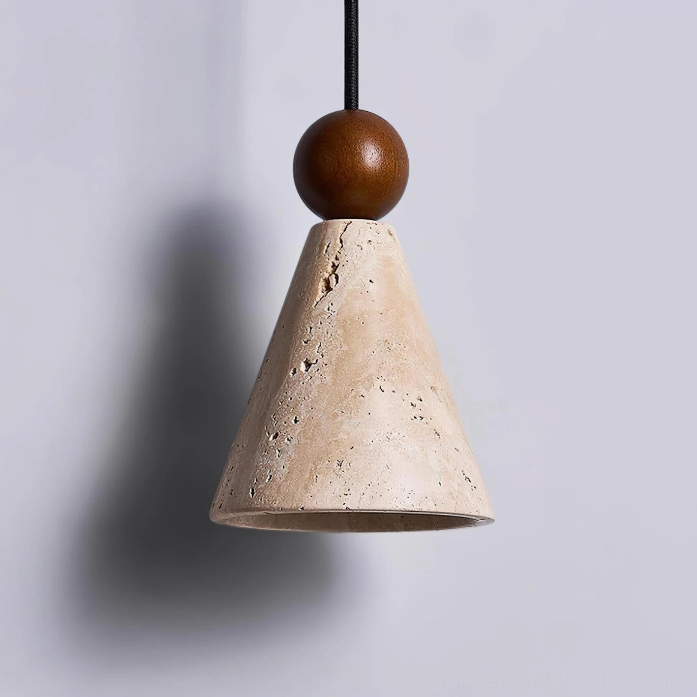 Modern travertine pendant light fixture installed in residential dining or kitchen area