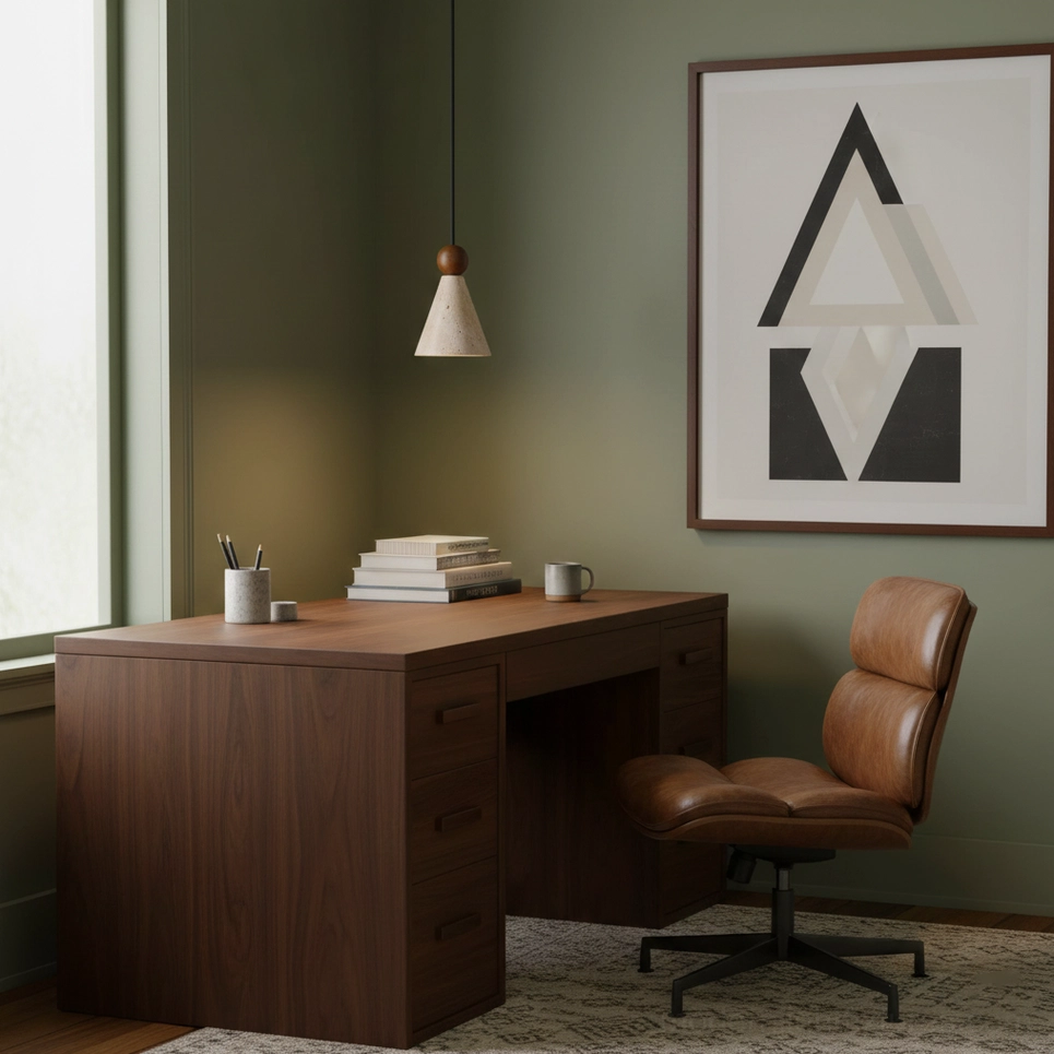 Contemporary travertine cone pendant light in Scandinavian or Japandi interior style setting