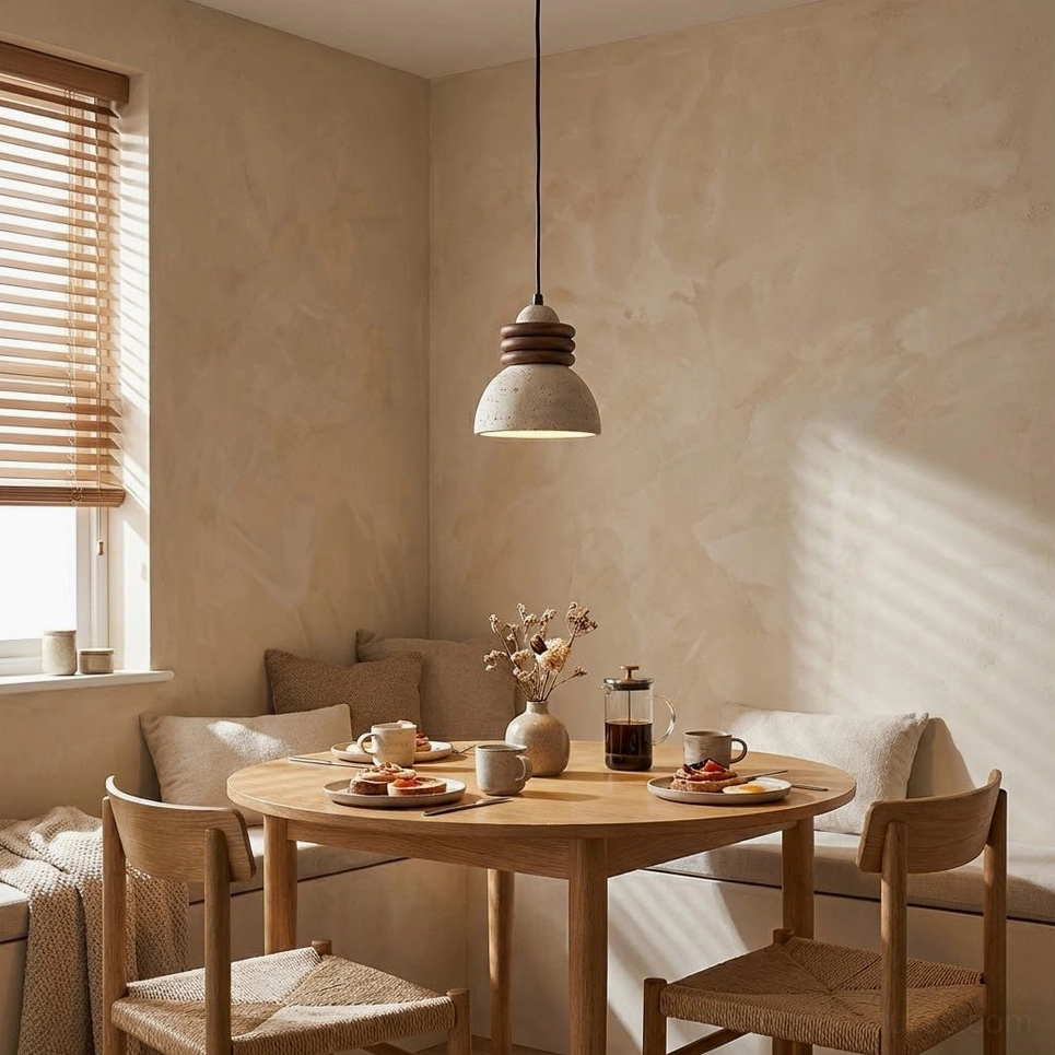 Travertine pendant light suspended in minimalist interior showcasing contemporary Scandinavian design aesthetic
