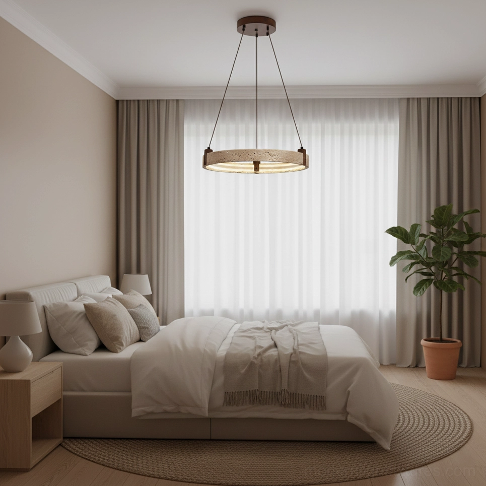 Travertine ring pendant light creating warm ambiance in Scandinavian modern room