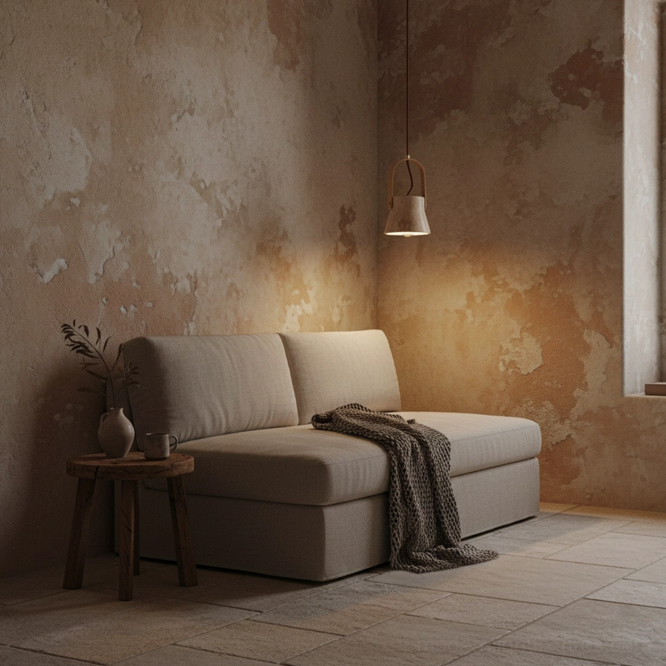 Beige travertine pendant lamp in minimalist Scandinavian interior setting