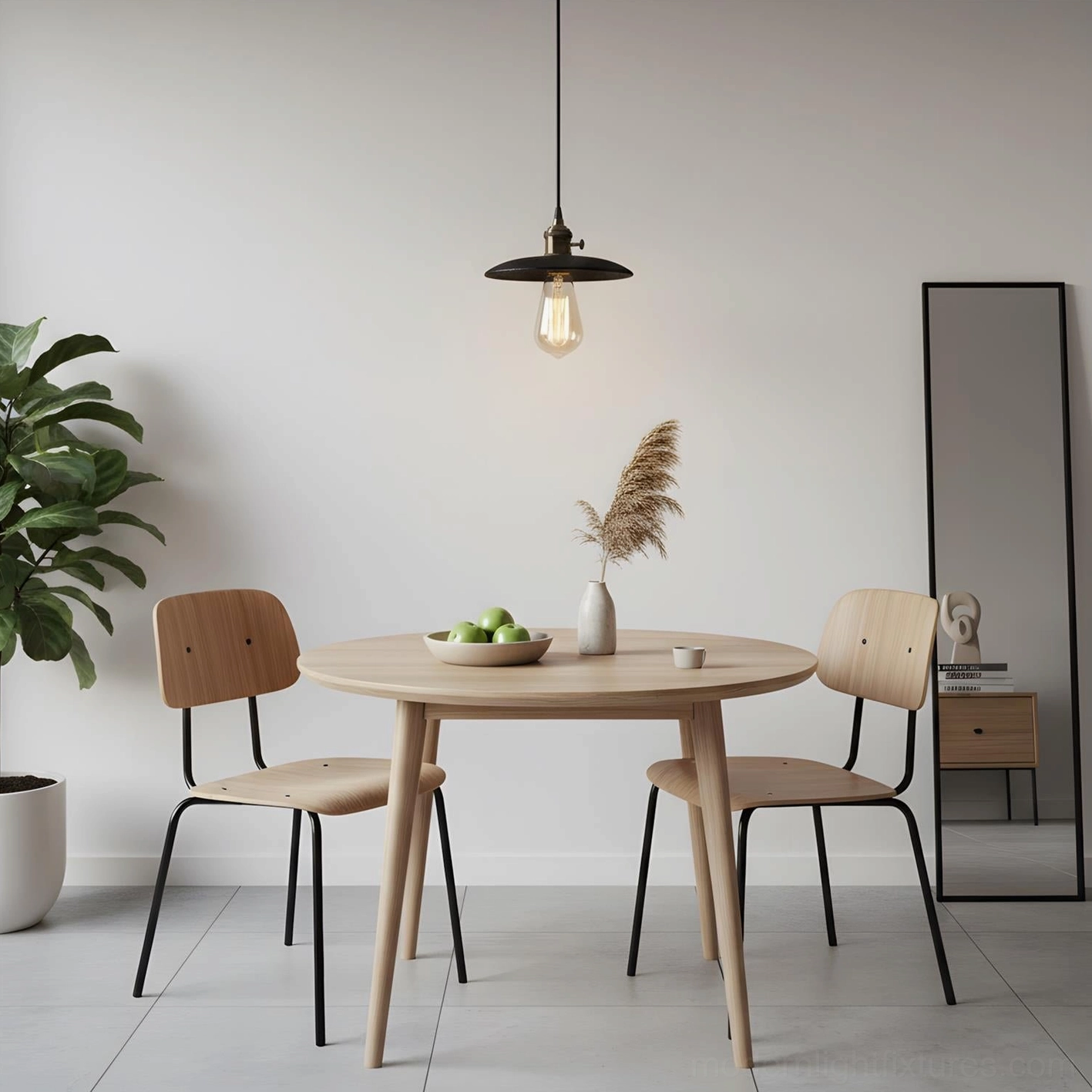 Travertine pendant light with black shade in Scandinavian dining nook creating warm ambient glow