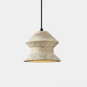 Travertine pendant light with sculptural wave design, front view on white background showing textured stone surface