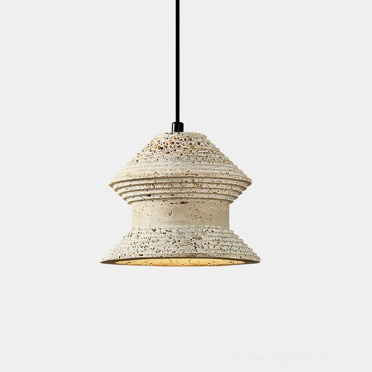 Travertine pendant light with sculptural wave design, front view on white background showing textured stone surface