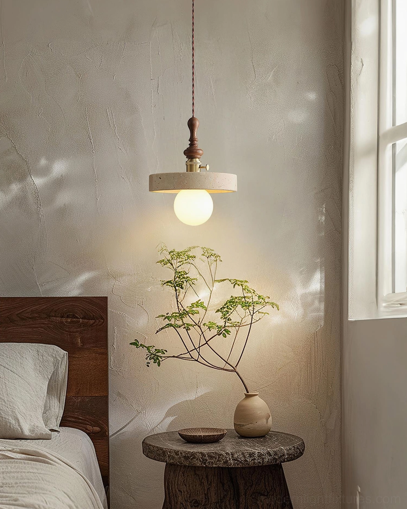 Travertine pendant light shade cross-section showing internal light diffusion