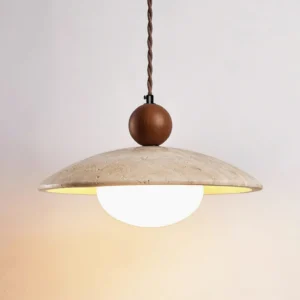 Wabi-sabi travertine pendant lamp side angle showing stone texture and warm finish