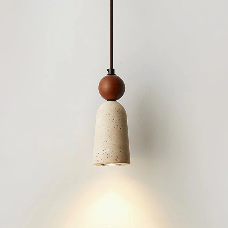 Side angle closeup of Bellin pendant fixture showing tapered travertine shade and dark wood bead detail