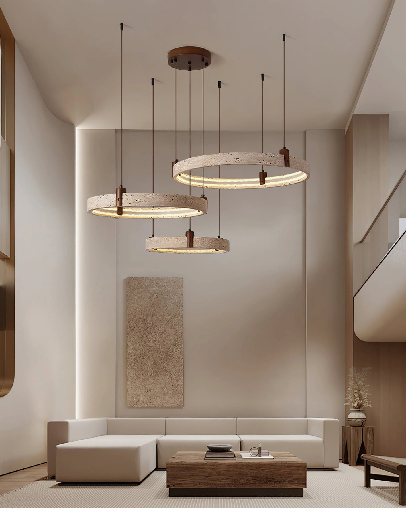 Travertine ring pendant chandelier side angle view of geometric ring structure