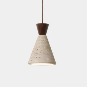 Travertine pendant light with wood fixture, minimalist modern design, beige porous stone shade with dark brown top hardware