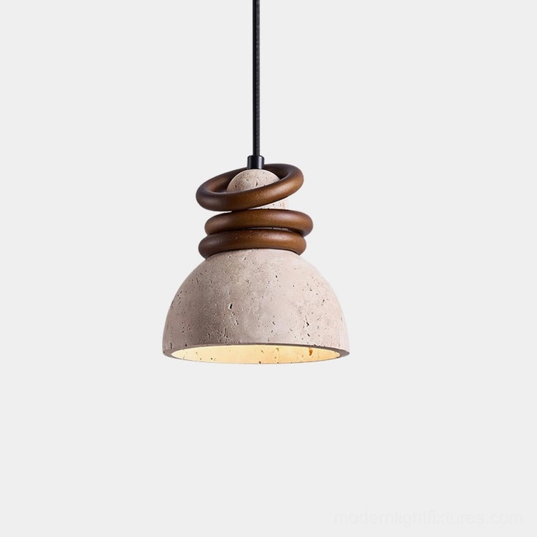 Single travertine stone pendant light with walnut wood ring, front overhead view showing warm diffused glow and porous stone texture