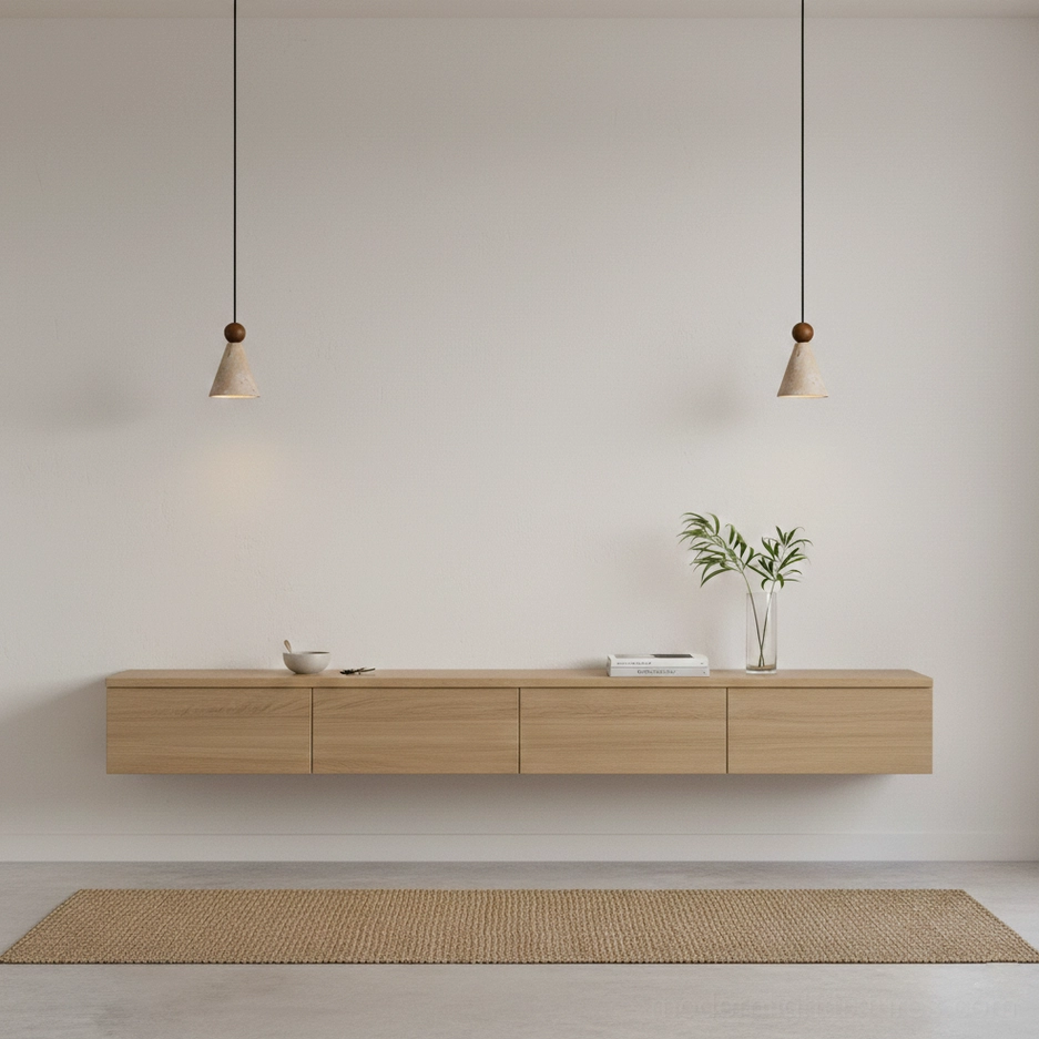Single travertine cone pendant with black cord suspension and soft downlight illumination effect