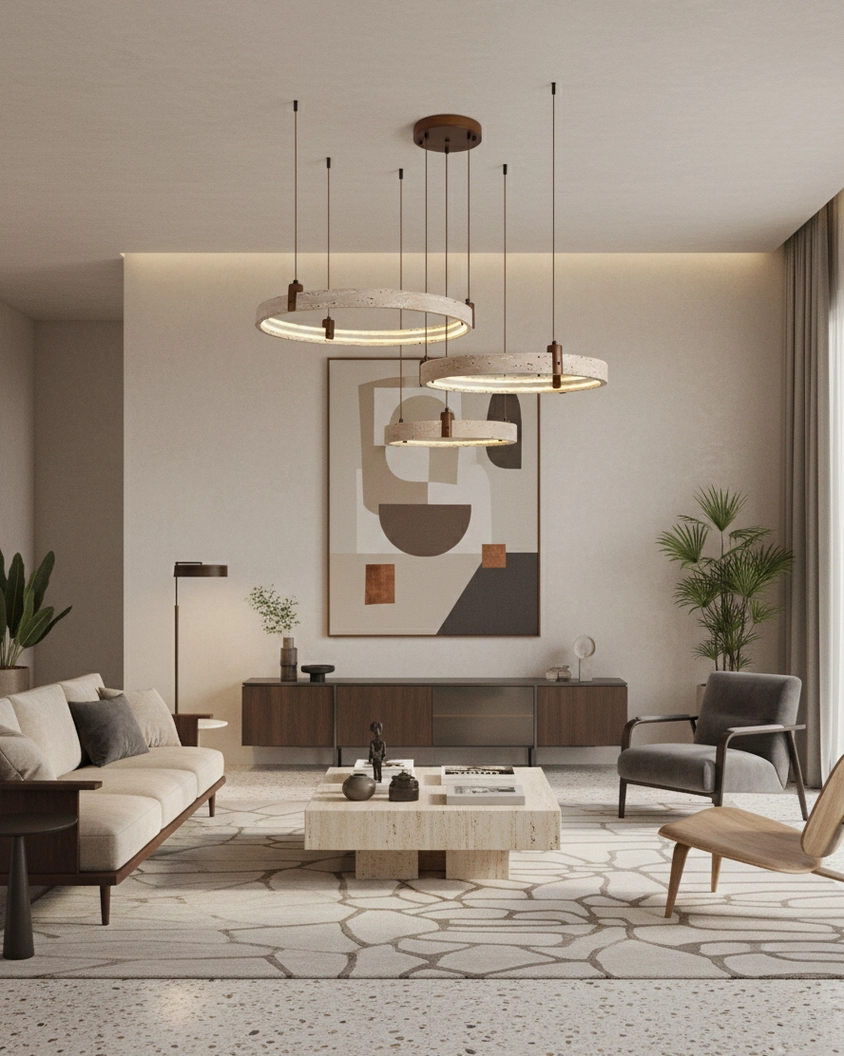 Eclora travertine ring pendant light showing sloped ceiling compatible design