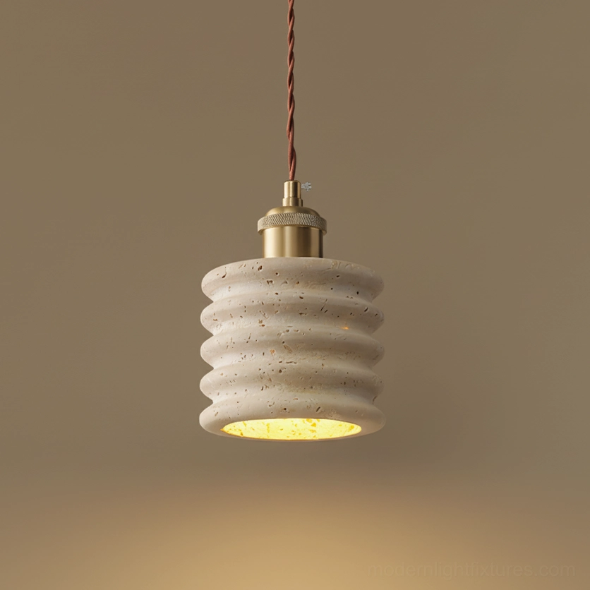 Corrugated travertine pendant light with stacked ring shade and brass fitting