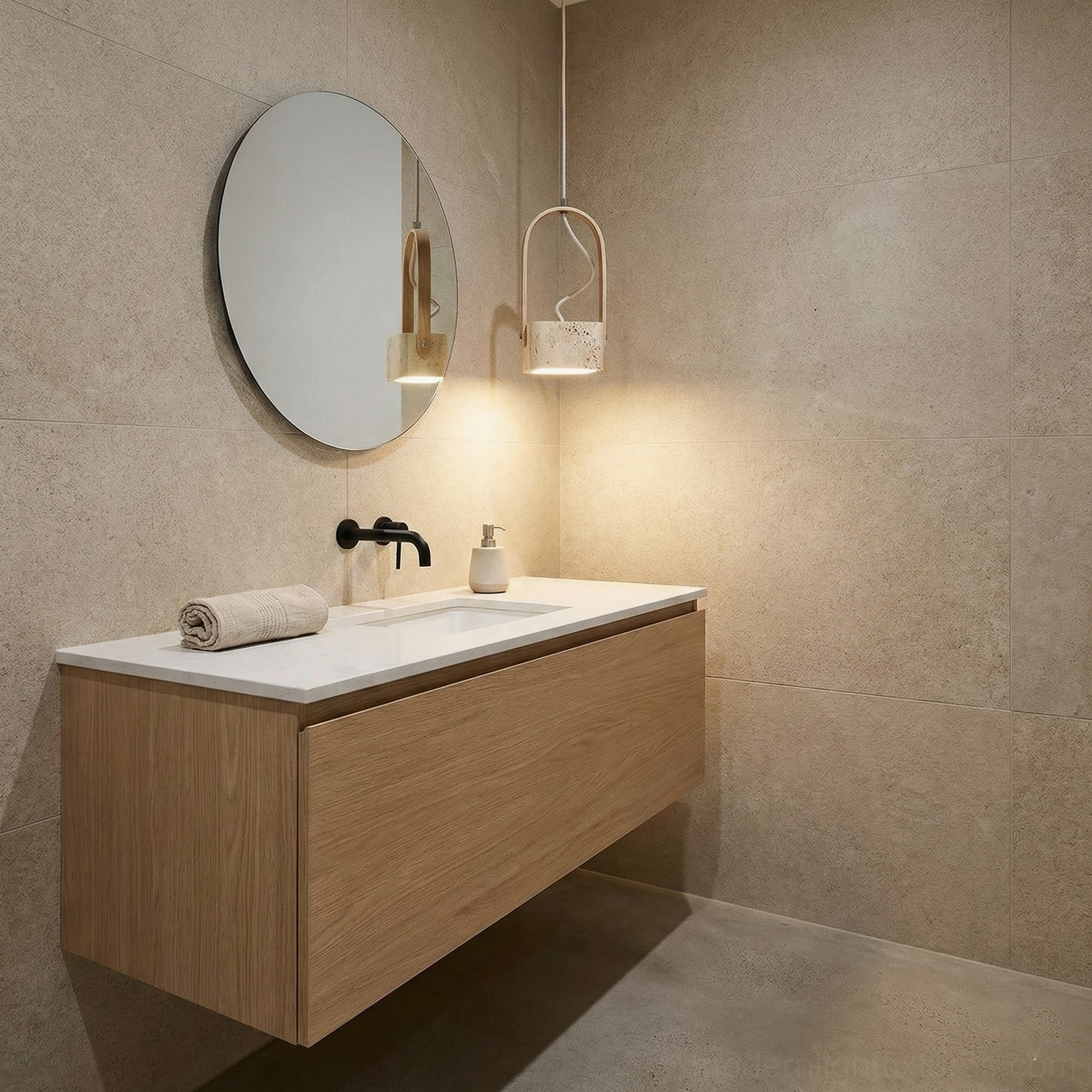 Leitura travertine wood pendant light close-up stone texture natural material detail