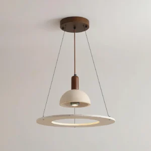 Travertine stone pendant light close-up showing natural texture, pores, and walnut wood hardware detail