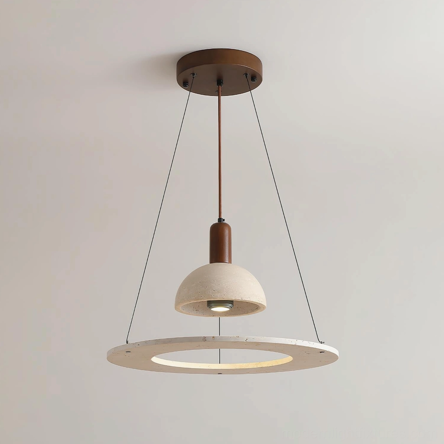 Travertine stone pendant light close-up showing natural texture, pores, and walnut wood hardware detail