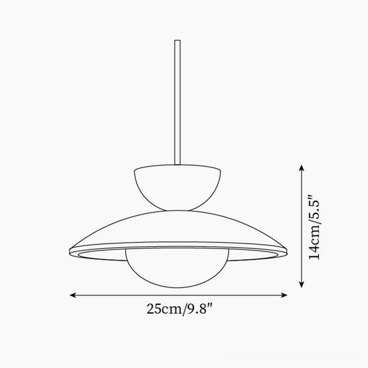 Technical dimension drawing of Tia travertine pendant lamp showing 25cm diameter and 14cm height measurements