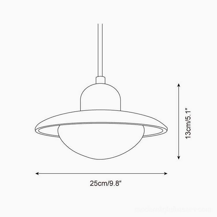 Technical schematic drawing of travertine UFO pendant light dimensions