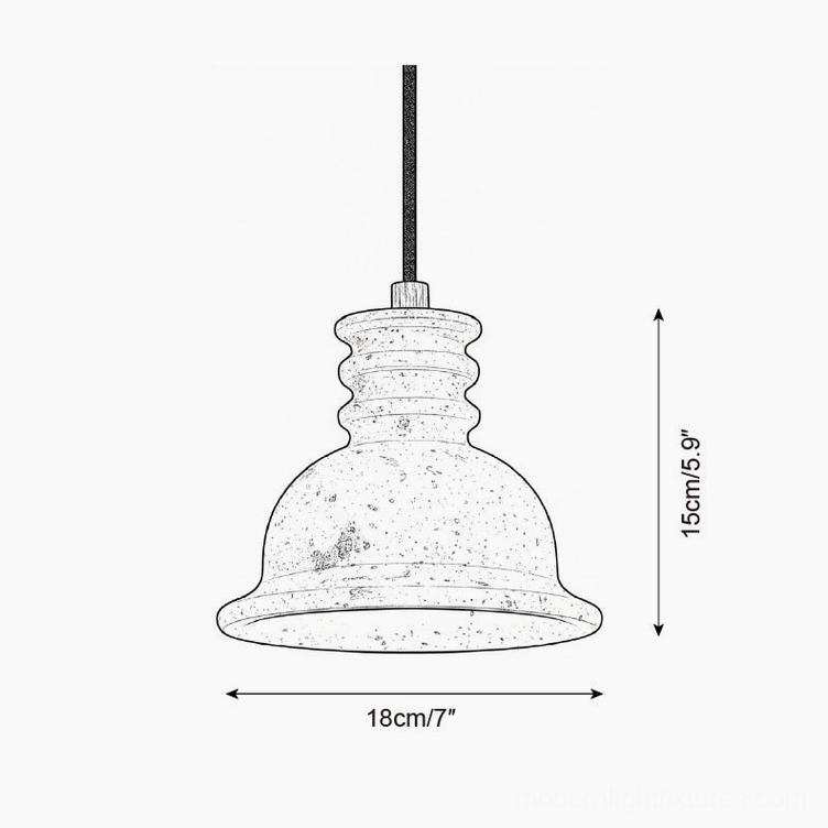 Technical blueprint and dimension drawing of single travertine pendant light showing 18cm diameter and 15cm height measurements