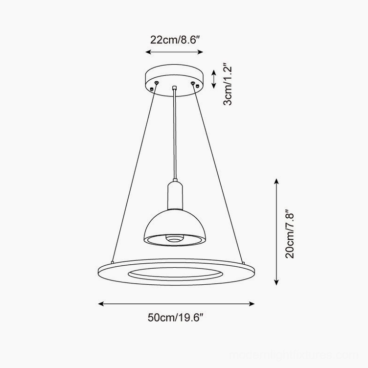 Technical orthographic drawing and dimension schematic of travertine pendant light