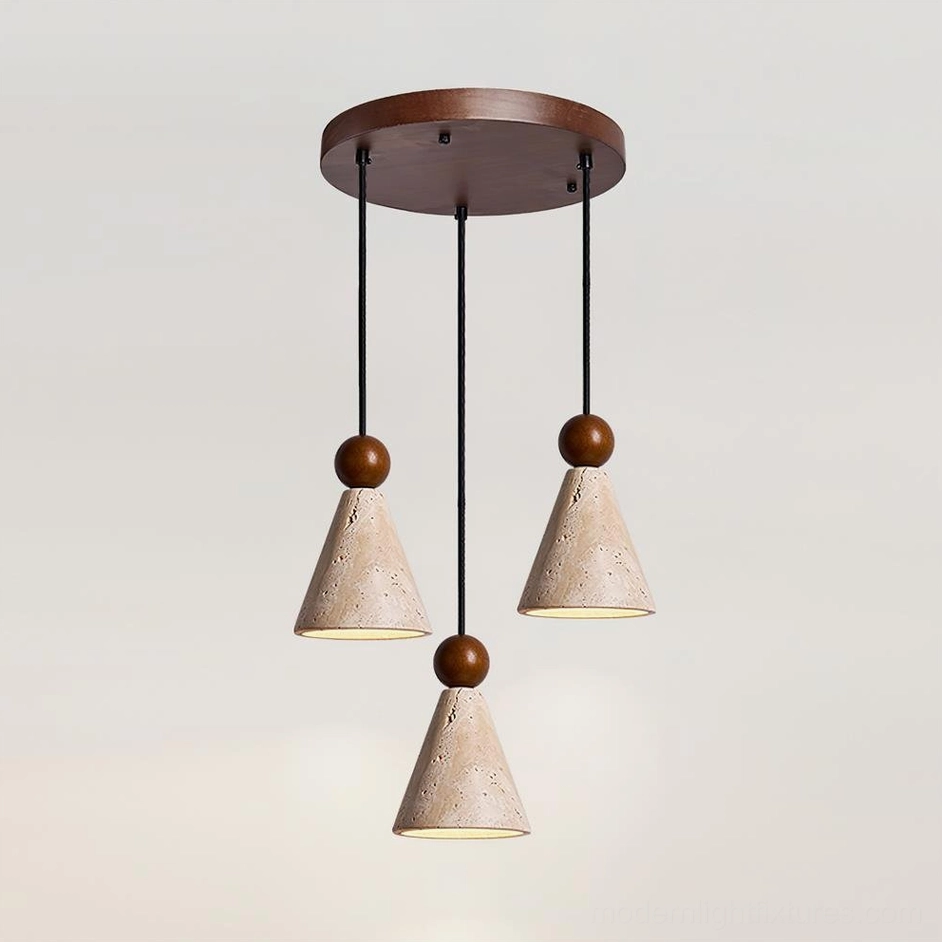 Asymmetric three-head travertine pendant fixture with offset design for dynamic lighting