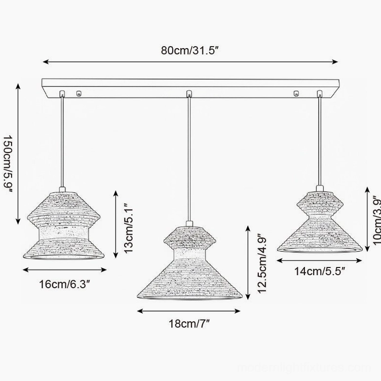 Three-head travertine pendant light cluster design blueprint showing top-down technical layout and spacing