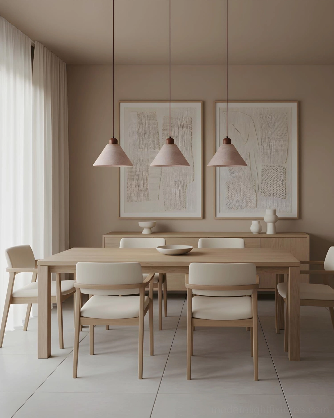 Three-head travertine pendant lights installed above modern dining table in warm contemporary dining room with minimalist design